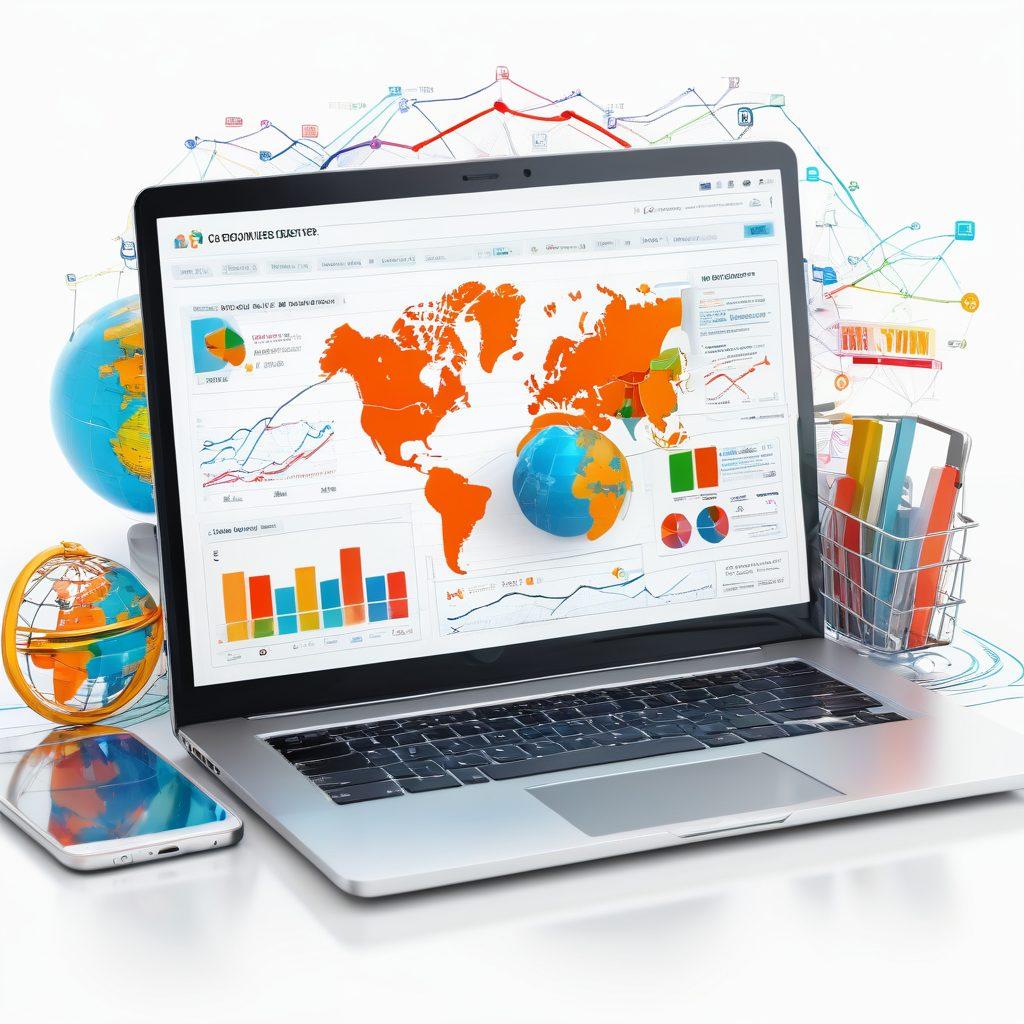 A dynamic collage of digital marketing tools: a laptop with SEO reports, an online store on a smartphone, and a globe connected by a network of digital lines. Include vibrant visuals of charts, shopping carts, and digital growth icons. Convey a sense of connectivity and technological advancement. super-realistic. vibrant colors. white background.