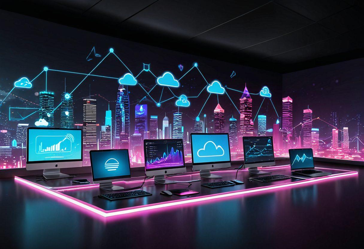 An intricately designed digital landscape illustrating various elements like web design, SEO graphs, social media icons, cloud services, and coding symbols interconnected by futuristic neon pathways. The pathways should form a network symbolizing the comprehensive nature of digital solutions. Incorporate a modern office workspace in the background to signify a professional setting. vibrant colors. 3D rendering. cityscape in the distance.