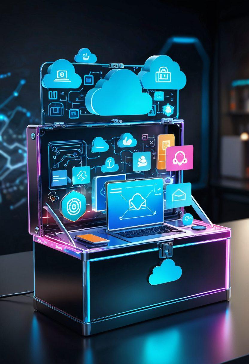 A futuristic toolbox glowing with digital energy, filled with icons representing various web services like cloud storage, email marketing, SEO tools, and analytics. The toolbox should be floating in a sleek, modern workspace with holographic interfaces. The overall scene should evoke a sense of innovation and technological advancement. vibrant colors. super-realistic. 3D.